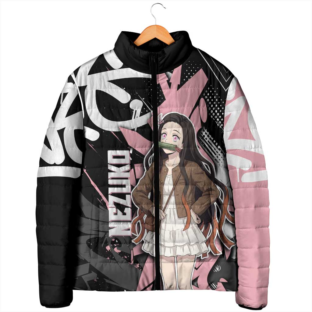 Kamado Nezuko Demon Slayer Padded Jacket Pink & Black Graffiti Anime Graphic