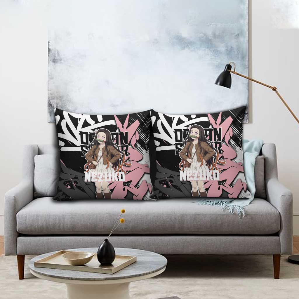 Kamado Nezuko Demon Slayer Pillow Cover Pink & Black Graffiti Anime Graphic