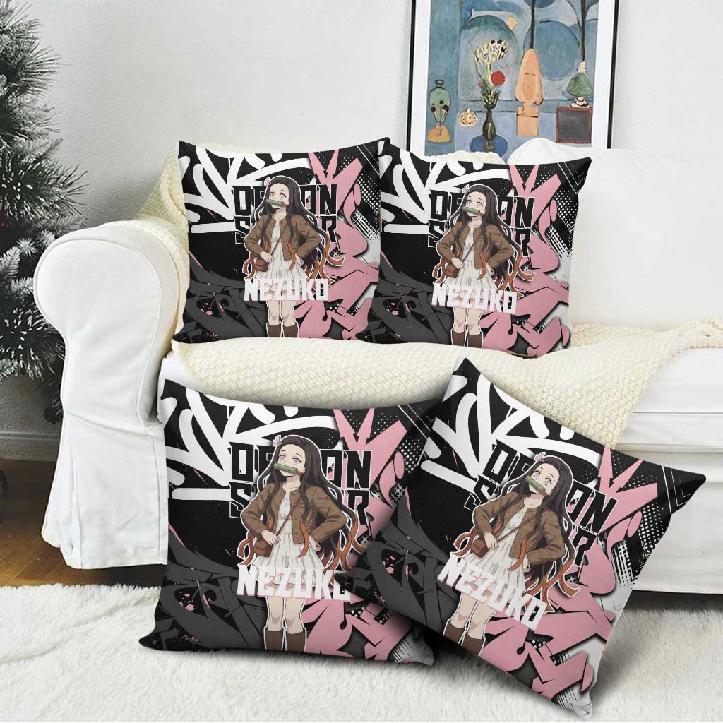 Kamado Nezuko Demon Slayer Pillow Cover Pink & Black Graffiti Anime Graphic