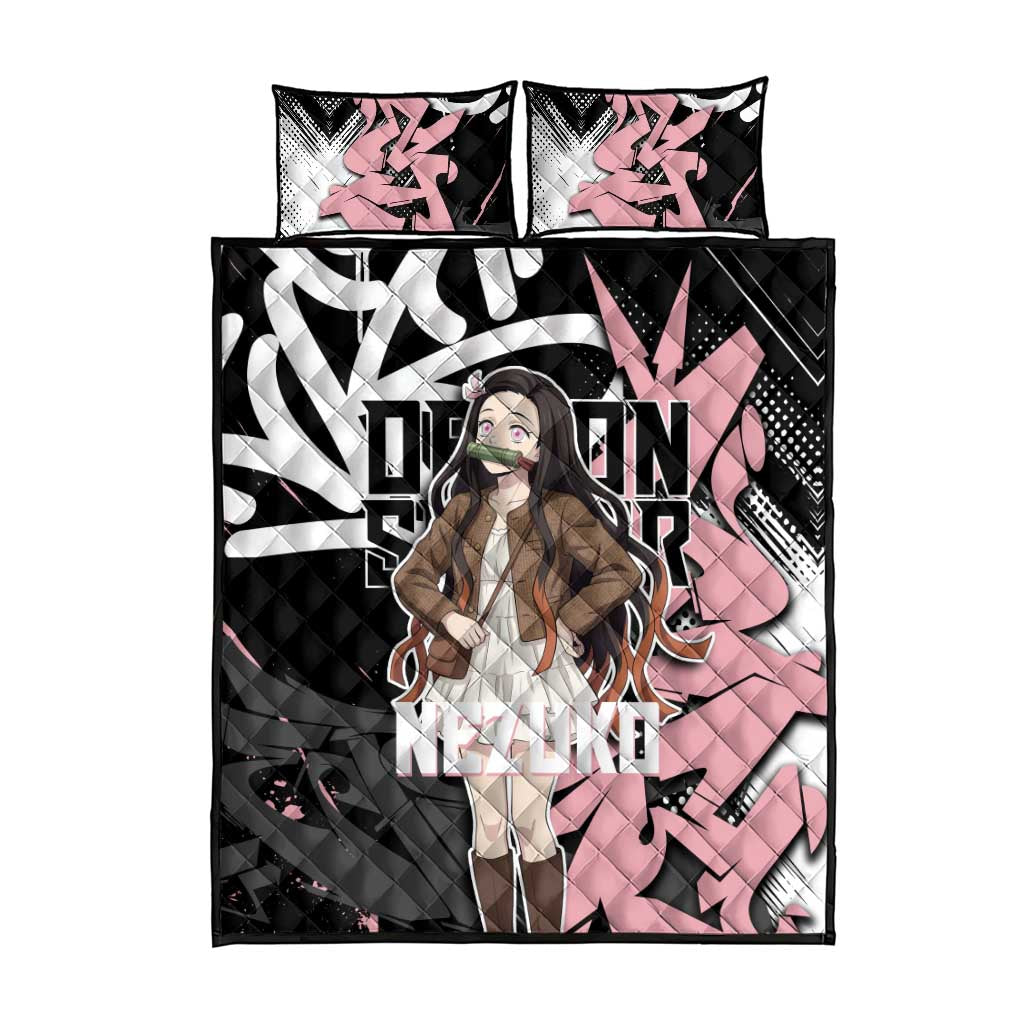 Kamado Nezuko Demon Slayer Quilt Bed Set Pink & Black Graffiti Anime Graphic