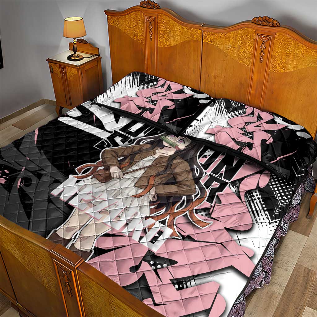 Kamado Nezuko Demon Slayer Quilt Bed Set Pink & Black Graffiti Anime Graphic