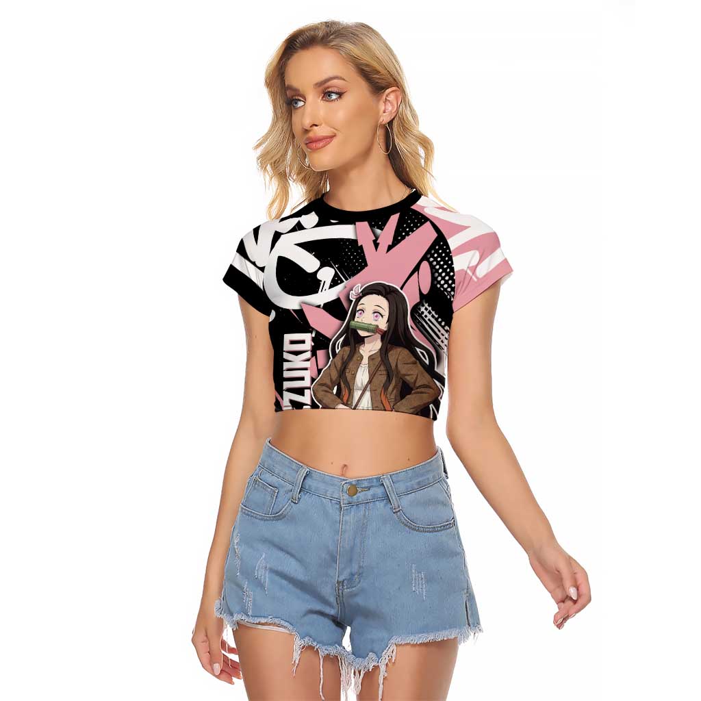 Kamado Nezuko Demon Slayer Raglan Cropped T Shirt Pink & Black Graffiti Anime Graphic