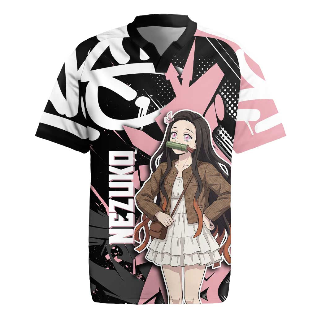 Kamado Nezuko Demon Slayer Rugby Jersey Pink & Black Graffiti Anime Graphic
