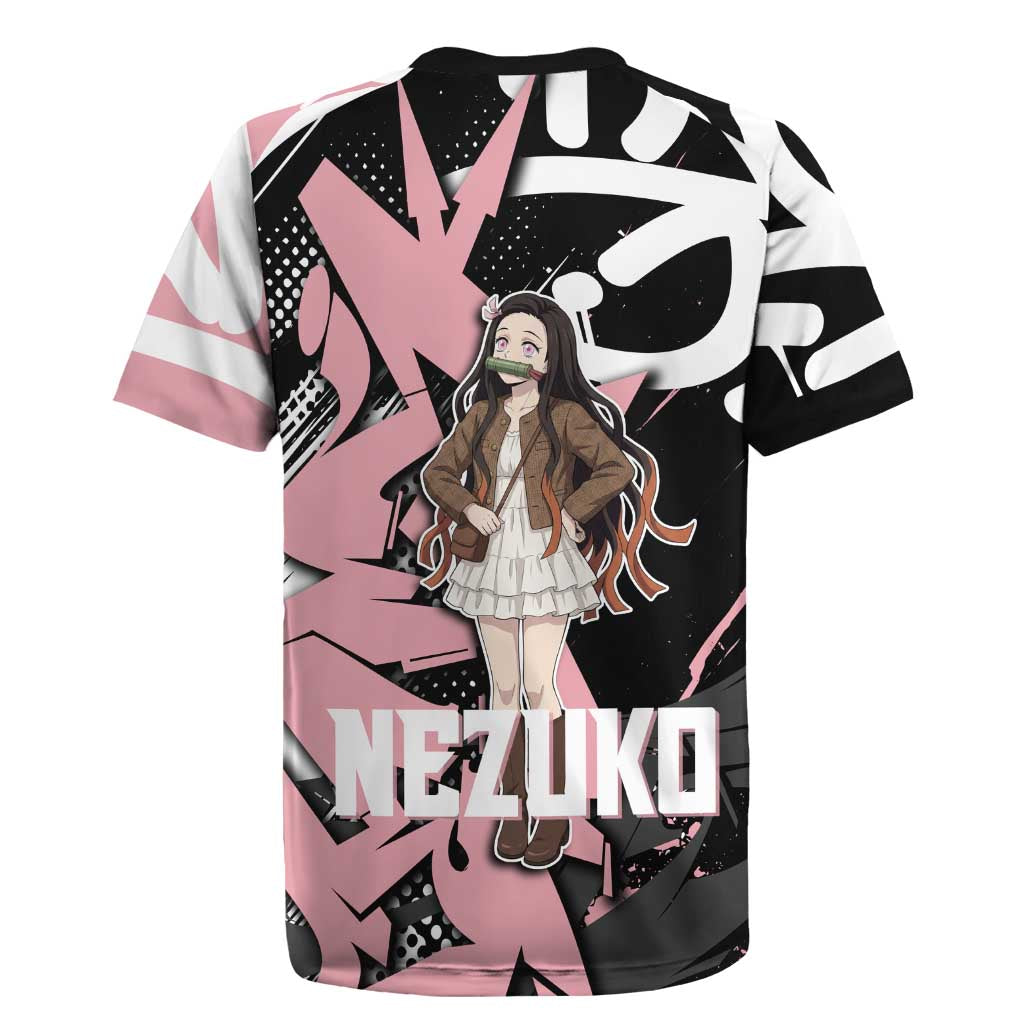 Kamado Nezuko Demon Slayer Rugby Jersey Pink & Black Graffiti Anime Graphic