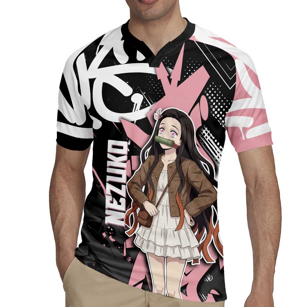 Kamado Nezuko Demon Slayer Rugby Jersey Pink & Black Graffiti Anime Graphic