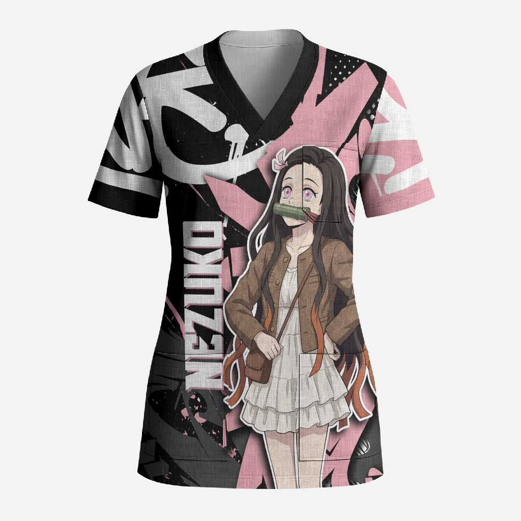 Kamado Nezuko Demon Slayer Scrub Top Pink & Black Graffiti Anime Graphic