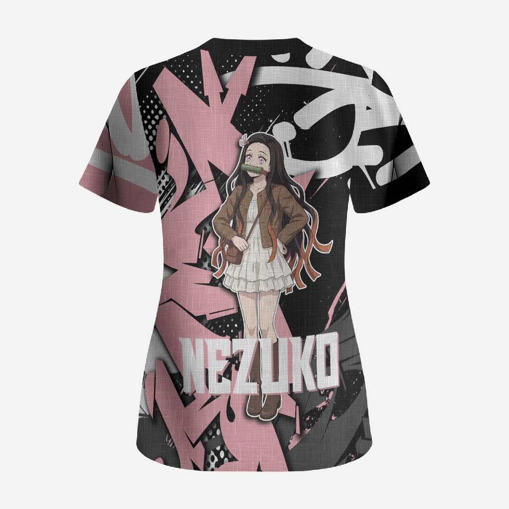 Kamado Nezuko Demon Slayer Scrub Top Pink & Black Graffiti Anime Graphic