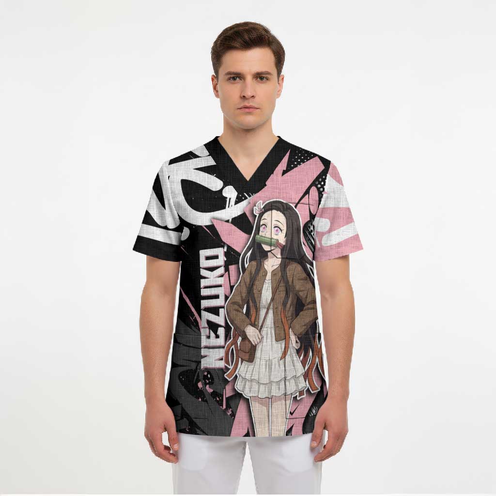 Kamado Nezuko Demon Slayer Scrub Top Pink & Black Graffiti Anime Graphic