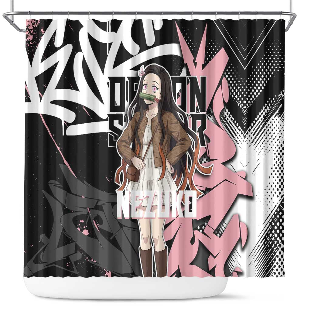 Kamado Nezuko Demon Slayer Shower Curtain Pink & Black Graffiti Anime Graphic