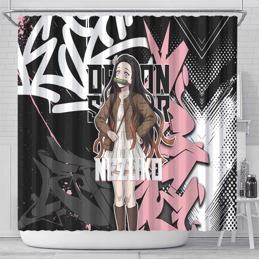 Kamado Nezuko Demon Slayer Shower Curtain Pink & Black Graffiti Anime Graphic