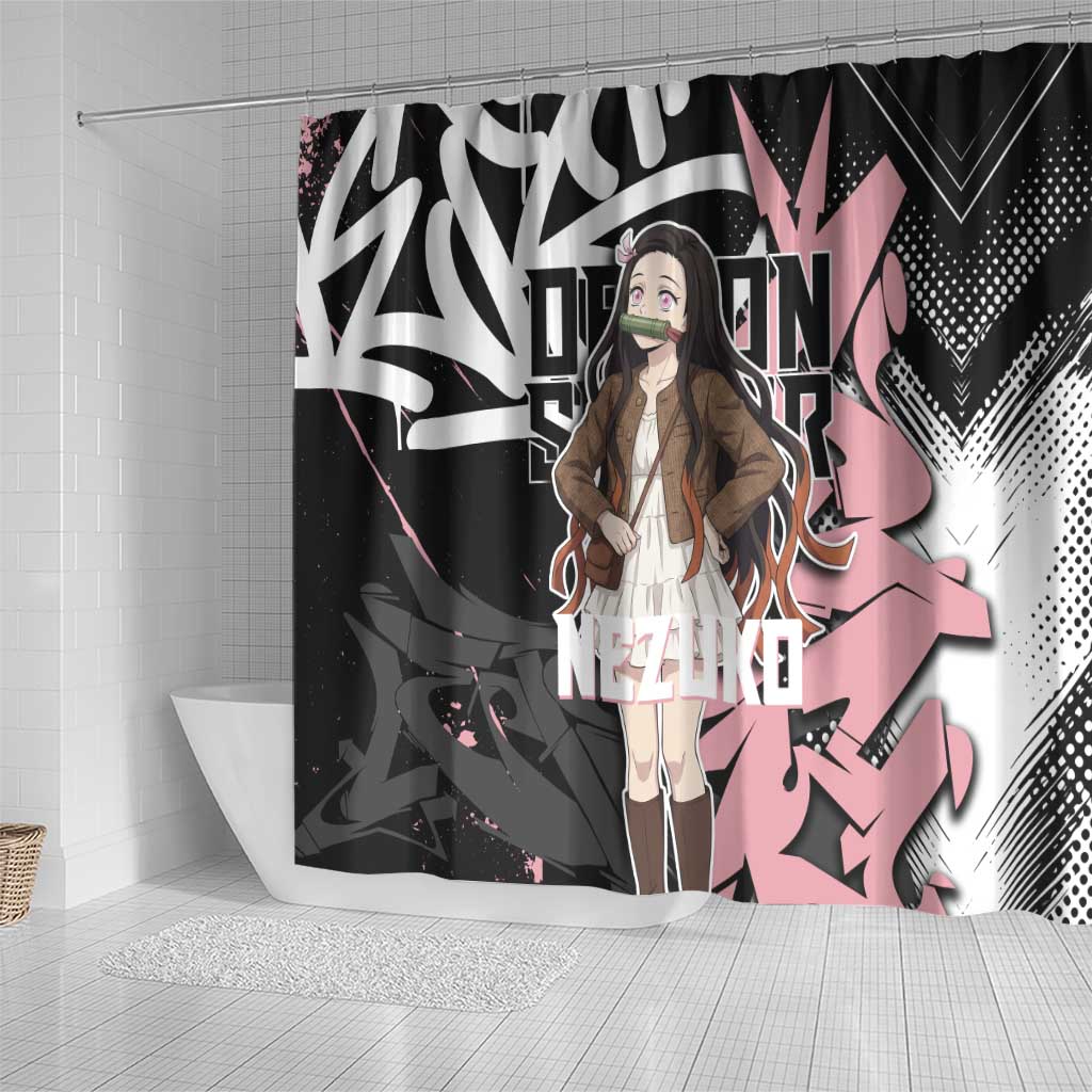 Kamado Nezuko Demon Slayer Shower Curtain Pink & Black Graffiti Anime Graphic
