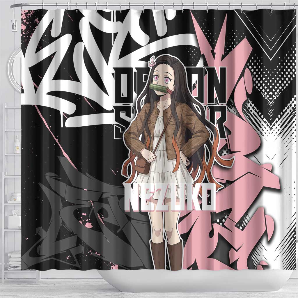 Kamado Nezuko Demon Slayer Shower Curtain Pink & Black Graffiti Anime Graphic