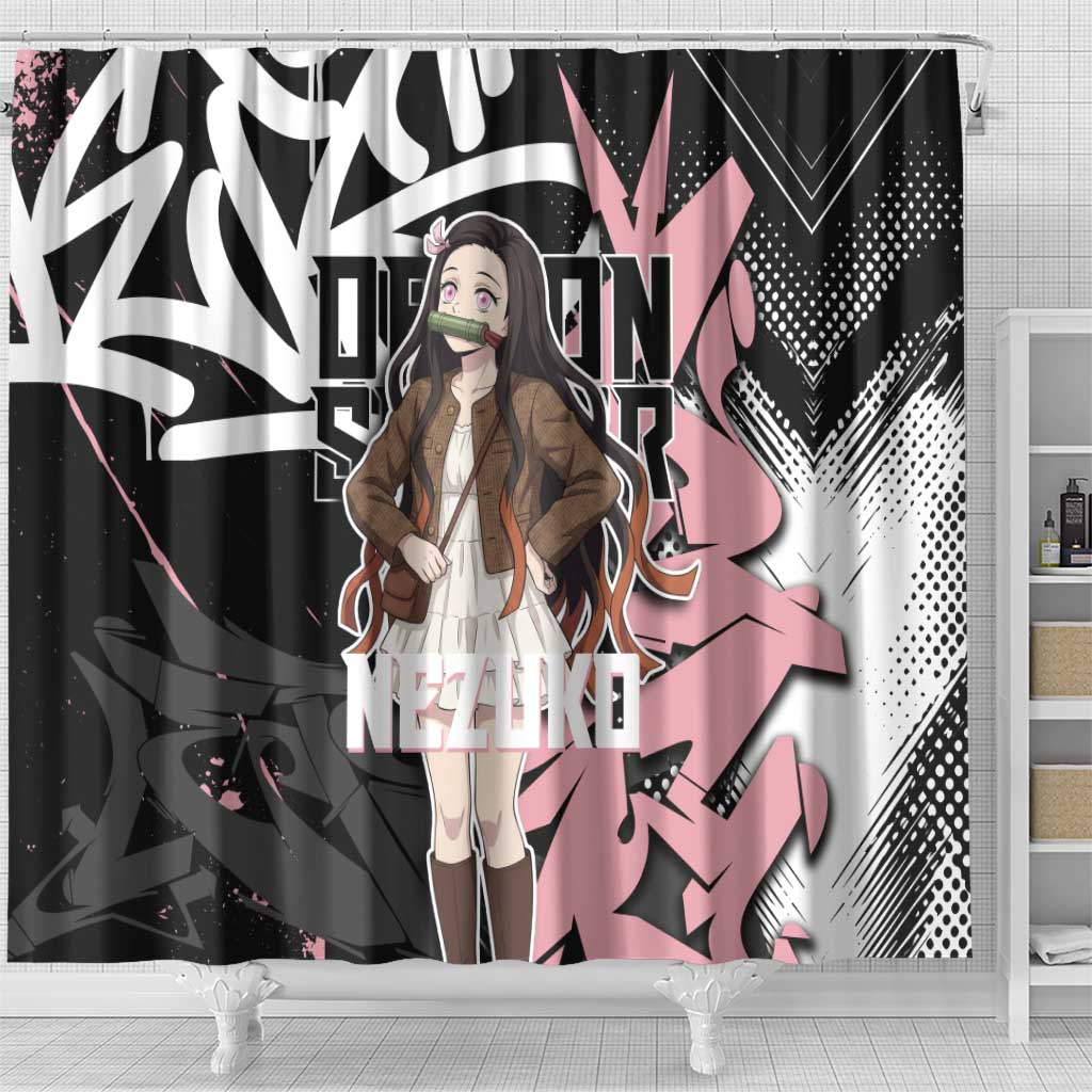 Kamado Nezuko Demon Slayer Shower Curtain Pink & Black Graffiti Anime Graphic