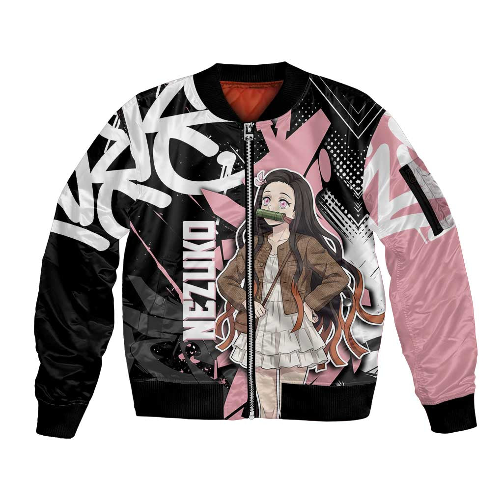 Kamado Nezuko Demon Slayer Sleeve Zip Bomber Jacket Pink & Black Graffiti Anime Graphic