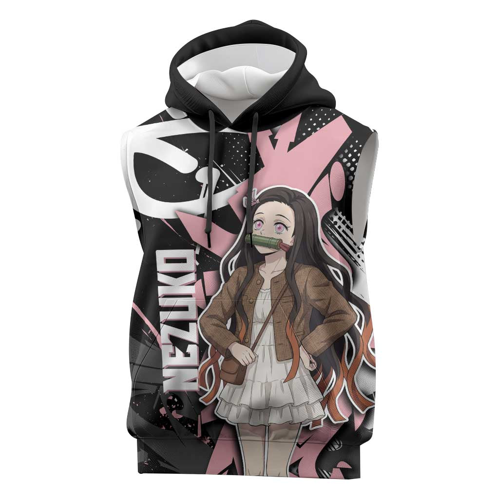 Kamado Nezuko Demon Slayer Sleeveless Hoodie Pink & Black Graffiti Anime Graphic