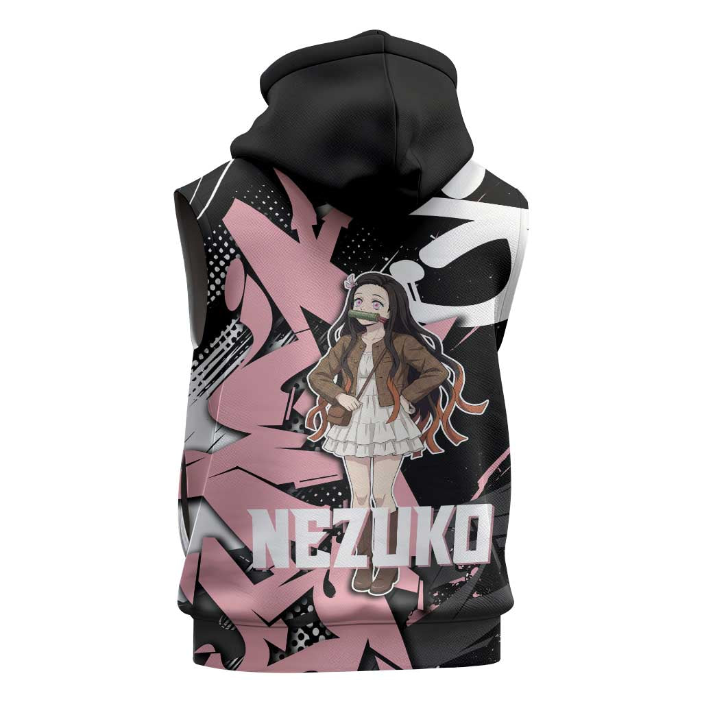 Kamado Nezuko Demon Slayer Sleeveless Hoodie Pink & Black Graffiti Anime Graphic