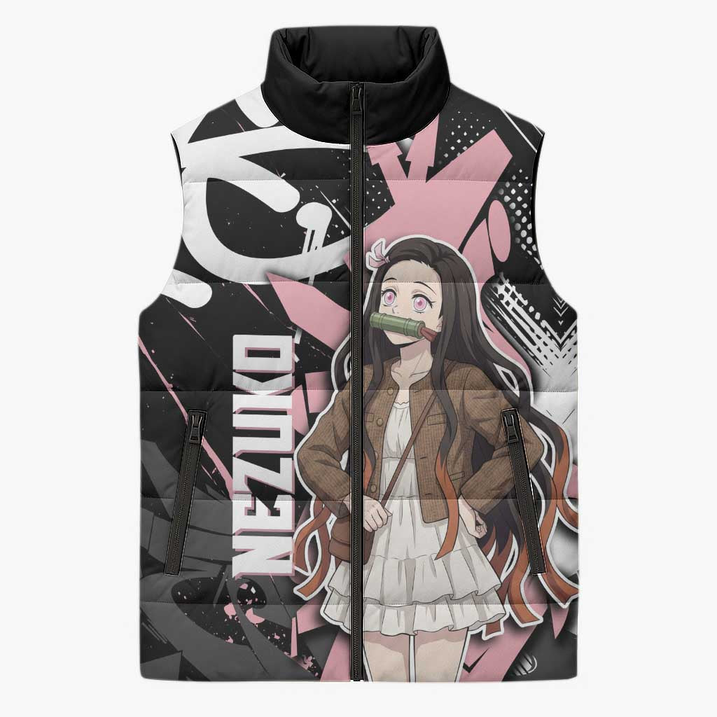 Kamado Nezuko Demon Slayer Sleeveless Puffer Jacket Pink & Black Graffiti Anime Graphic