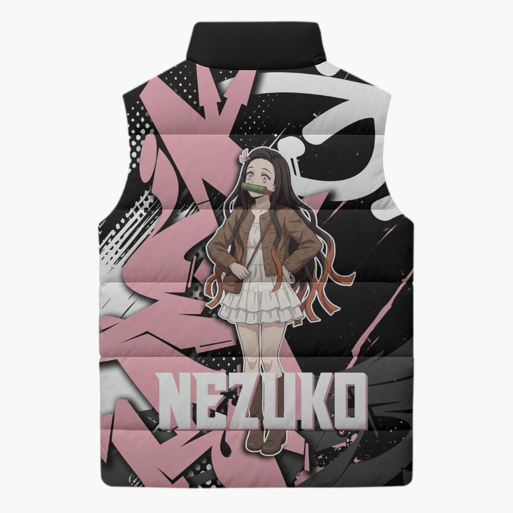 Kamado Nezuko Demon Slayer Sleeveless Puffer Jacket Pink & Black Graffiti Anime Graphic
