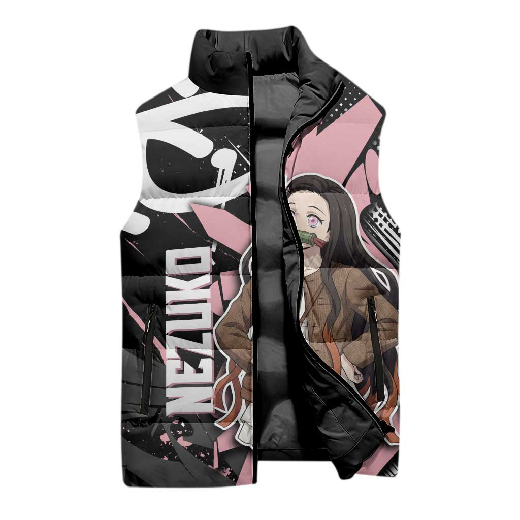 Kamado Nezuko Demon Slayer Sleeveless Puffer Jacket Pink & Black Graffiti Anime Graphic