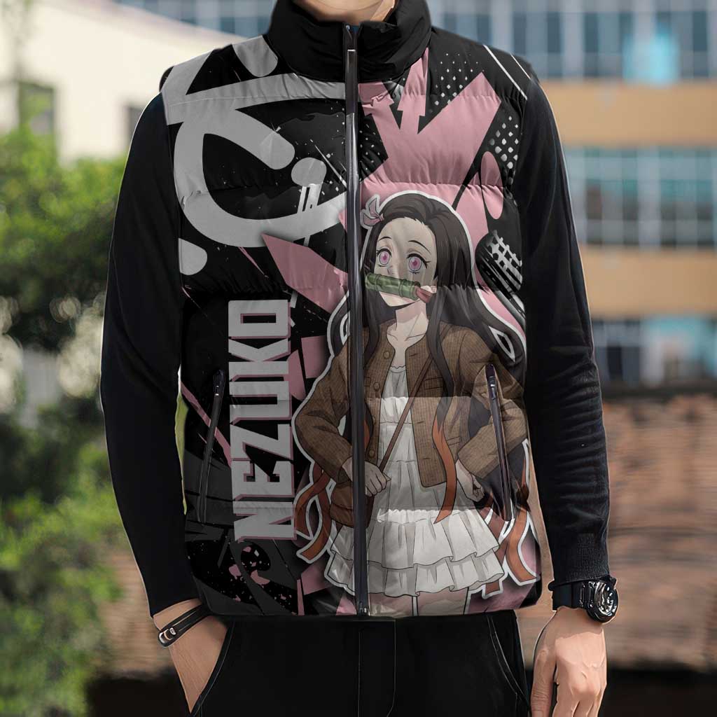 Kamado Nezuko Demon Slayer Sleeveless Puffer Jacket Pink & Black Graffiti Anime Graphic