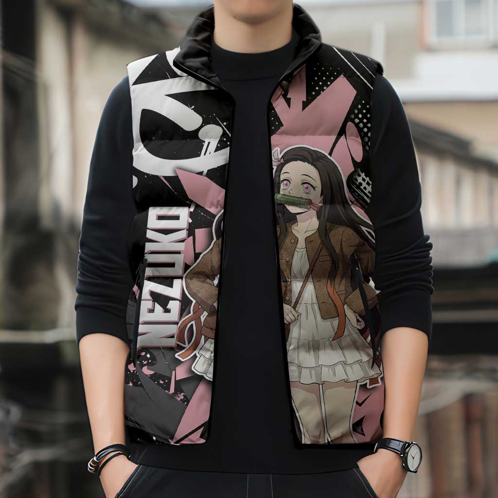 Kamado Nezuko Demon Slayer Sleeveless Puffer Jacket Pink & Black Graffiti Anime Graphic