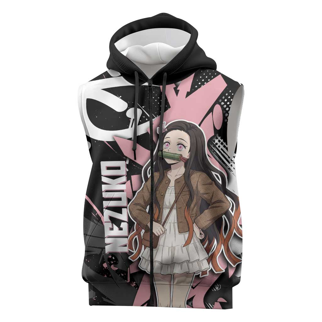 Kamado Nezuko Demon Slayer Sleeveless Zip Hoodie Pink & Black Graffiti Anime Graphic