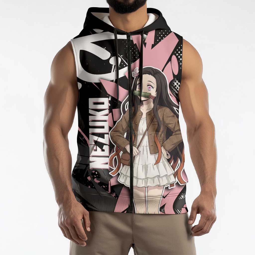 Kamado Nezuko Demon Slayer Sleeveless Zip Hoodie Pink & Black Graffiti Anime Graphic