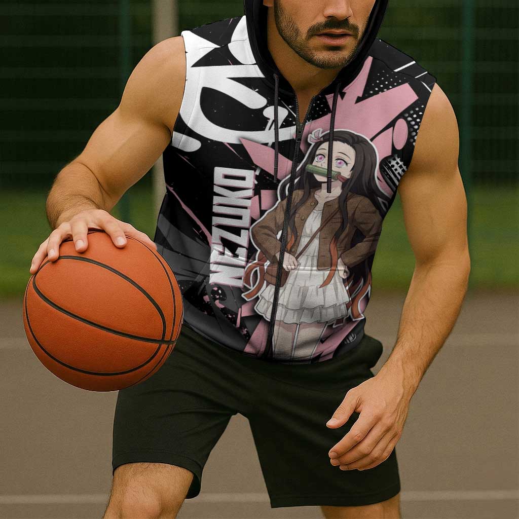 Kamado Nezuko Demon Slayer Sleeveless Zip Hoodie Pink & Black Graffiti Anime Graphic