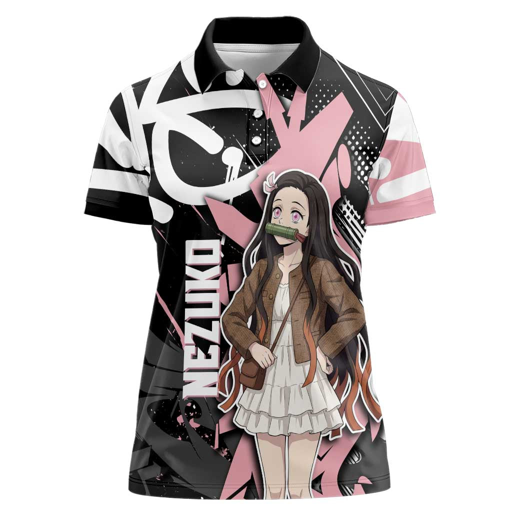 Kamado Nezuko Demon Slayer Women Polo Shirt Pink & Black Graffiti Anime Graphic