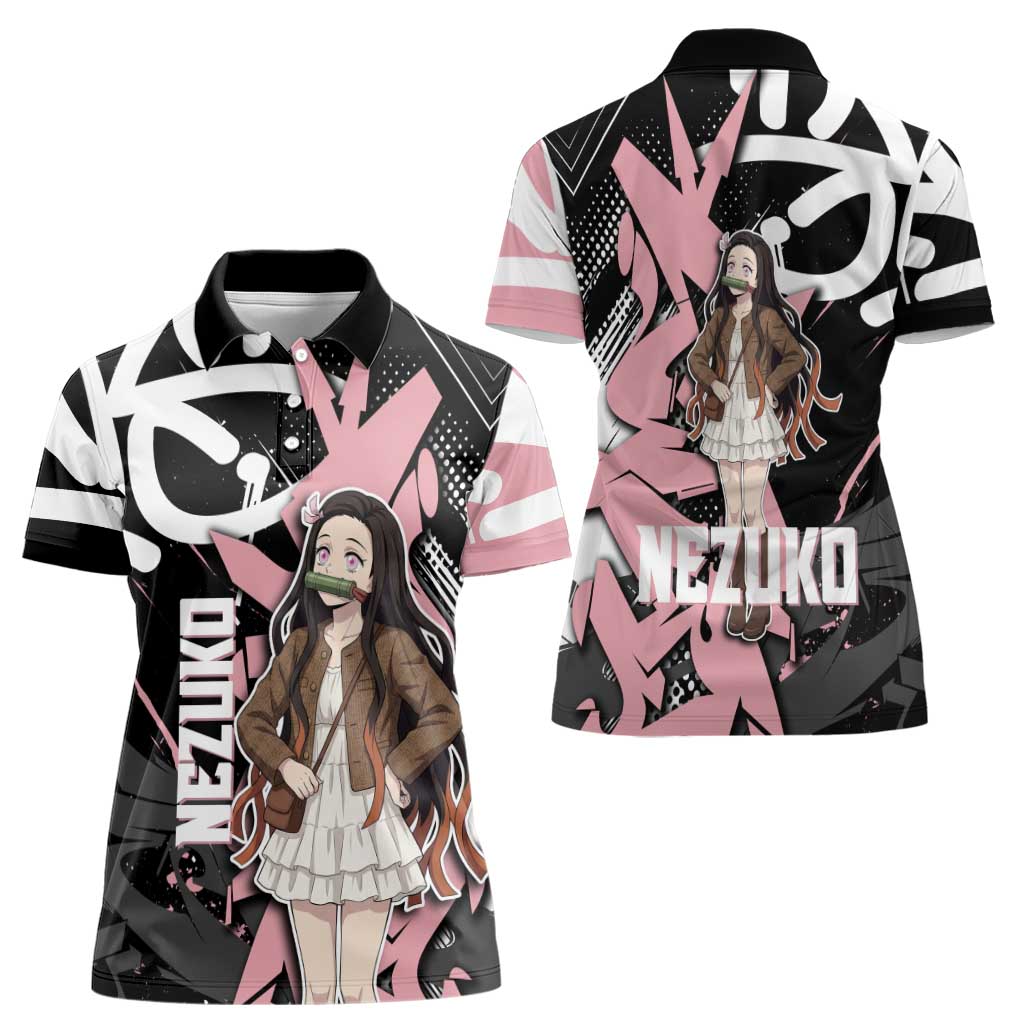 Kamado Nezuko Demon Slayer Women Polo Shirt Pink & Black Graffiti Anime Graphic