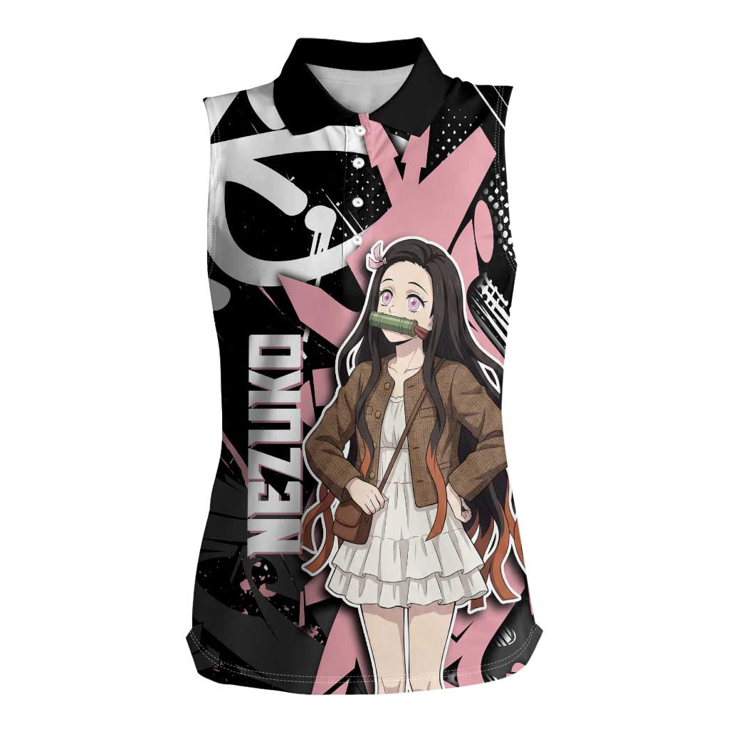 Kamado Nezuko Demon Slayer Women Sleeveless Polo Shirt Pink & Black Graffiti Anime Graphic