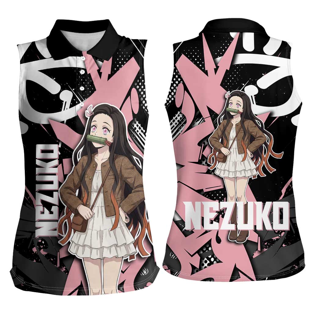 Kamado Nezuko Demon Slayer Women Sleeveless Polo Shirt Pink & Black Graffiti Anime Graphic