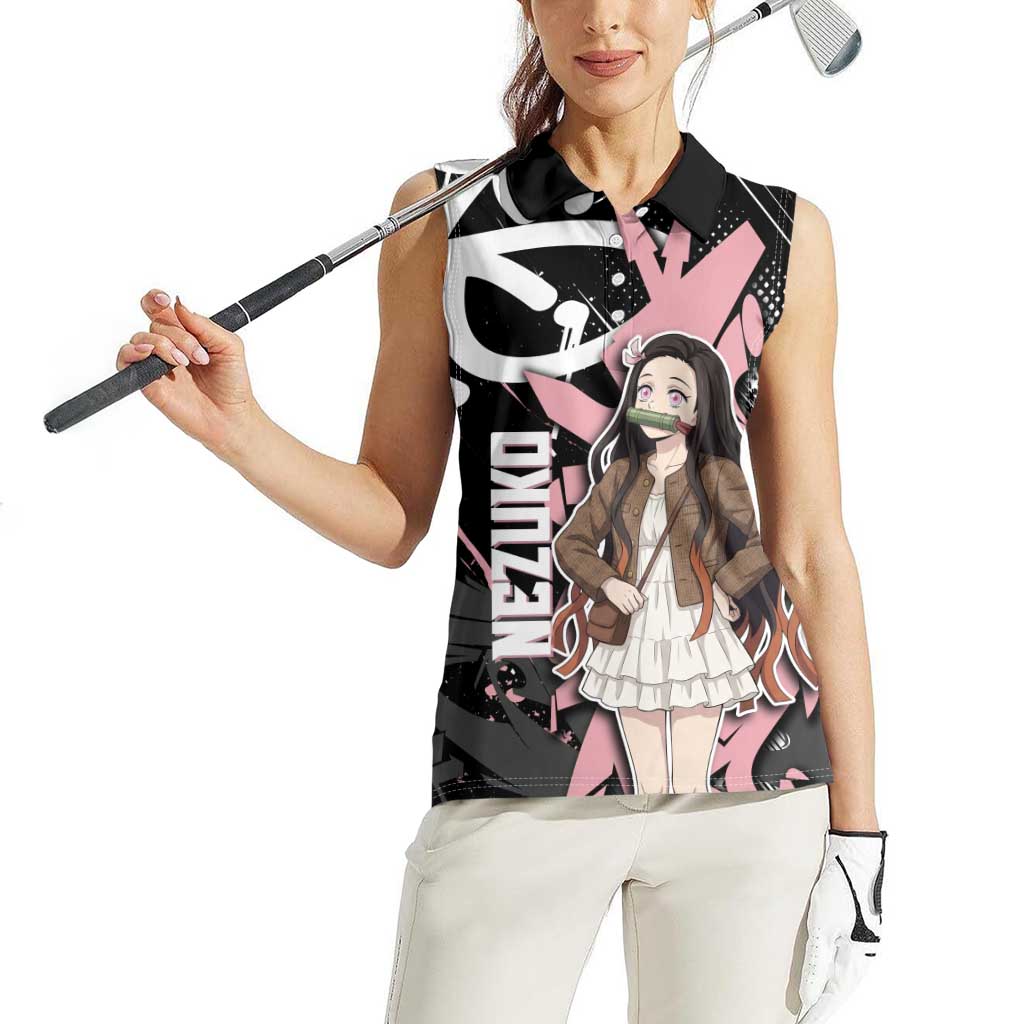 Kamado Nezuko Demon Slayer Women Sleeveless Polo Shirt Pink & Black Graffiti Anime Graphic