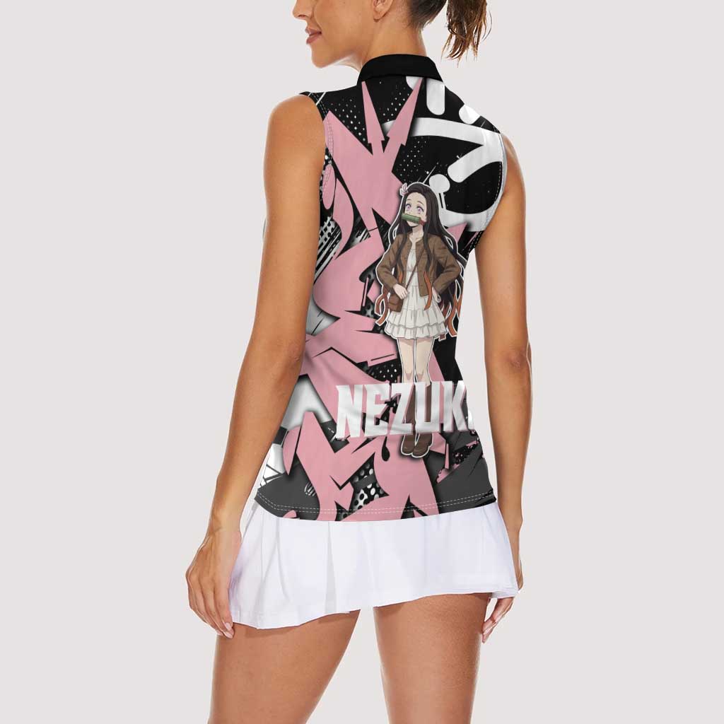 Kamado Nezuko Demon Slayer Women Sleeveless Polo Shirt Pink & Black Graffiti Anime Graphic