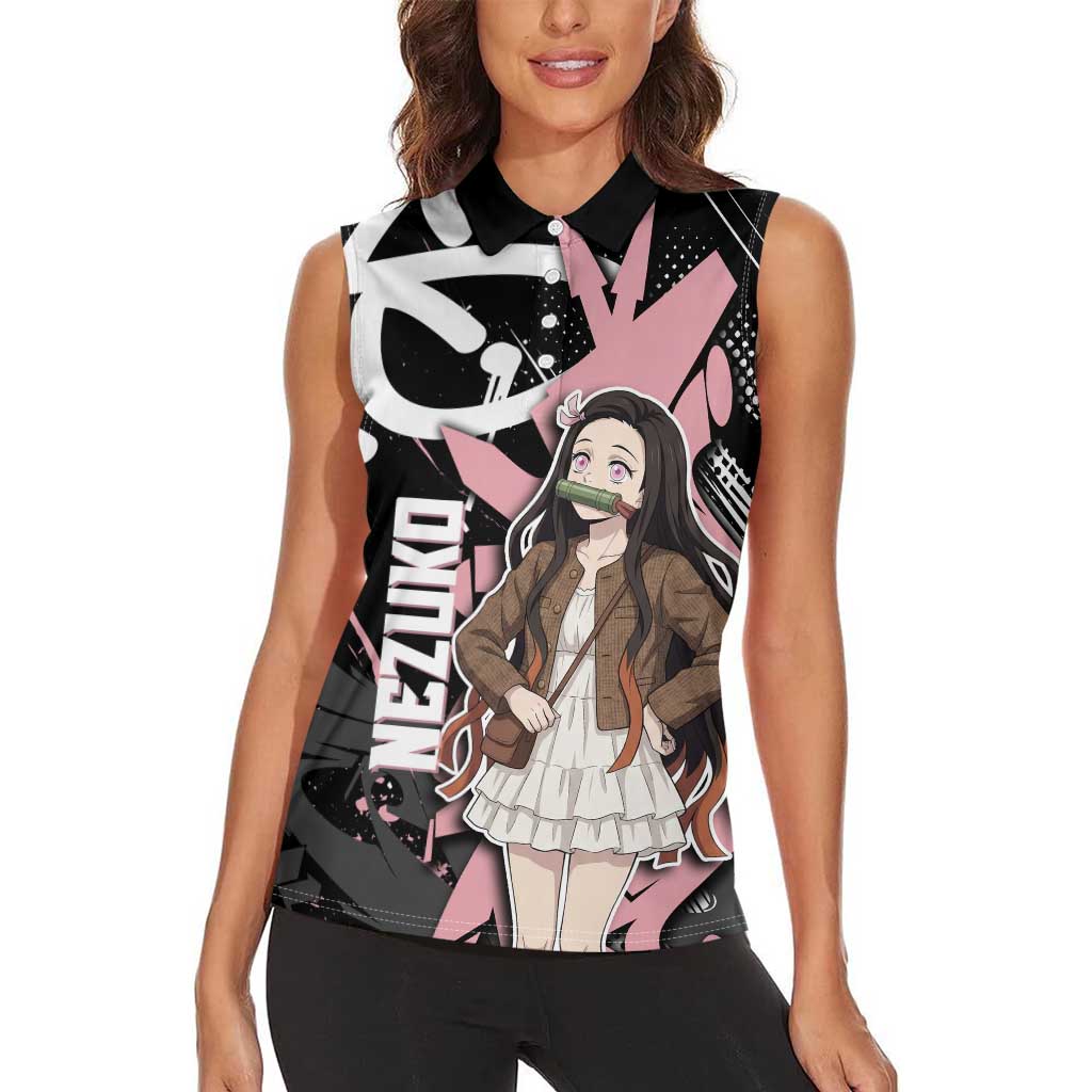 Kamado Nezuko Demon Slayer Women Sleeveless Polo Shirt Pink & Black Graffiti Anime Graphic