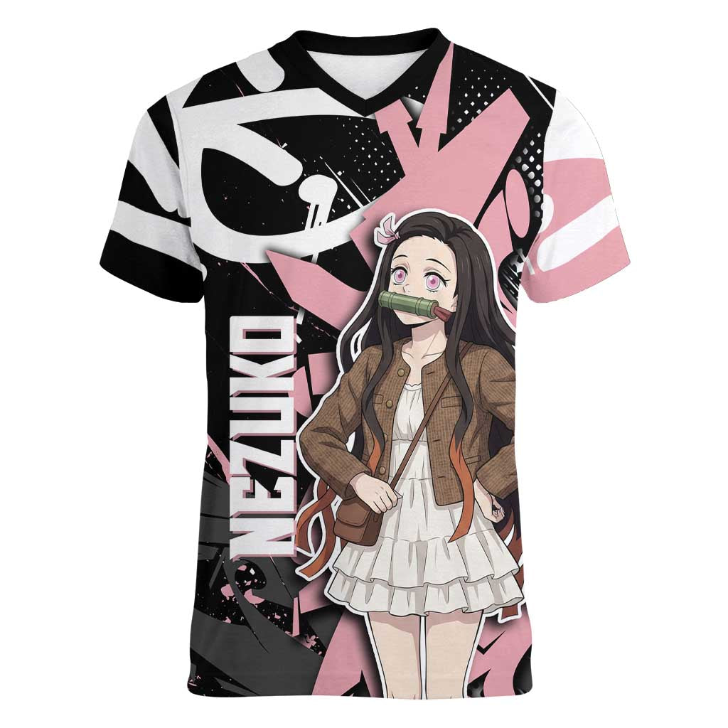 Kamado Nezuko Demon Slayer Women V-Neck T-Shirt Pink & Black Graffiti Anime Graphic