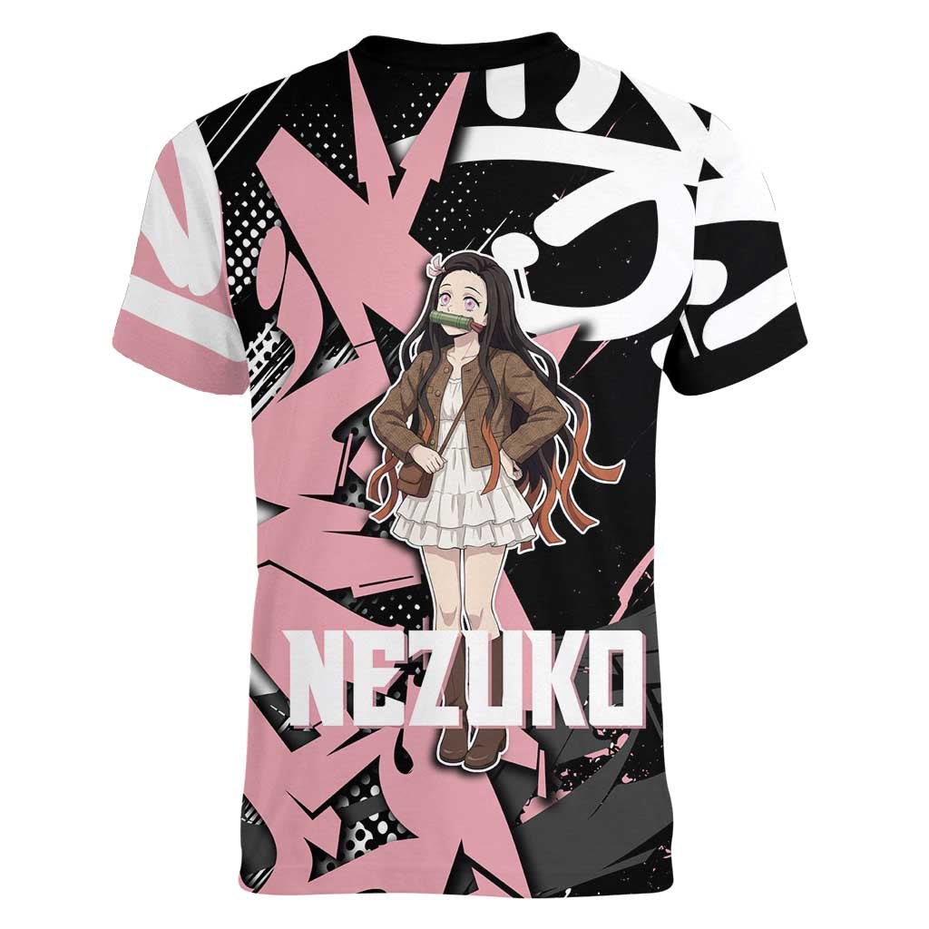 Kamado Nezuko Demon Slayer Women V-Neck T-Shirt Pink & Black Graffiti Anime Graphic