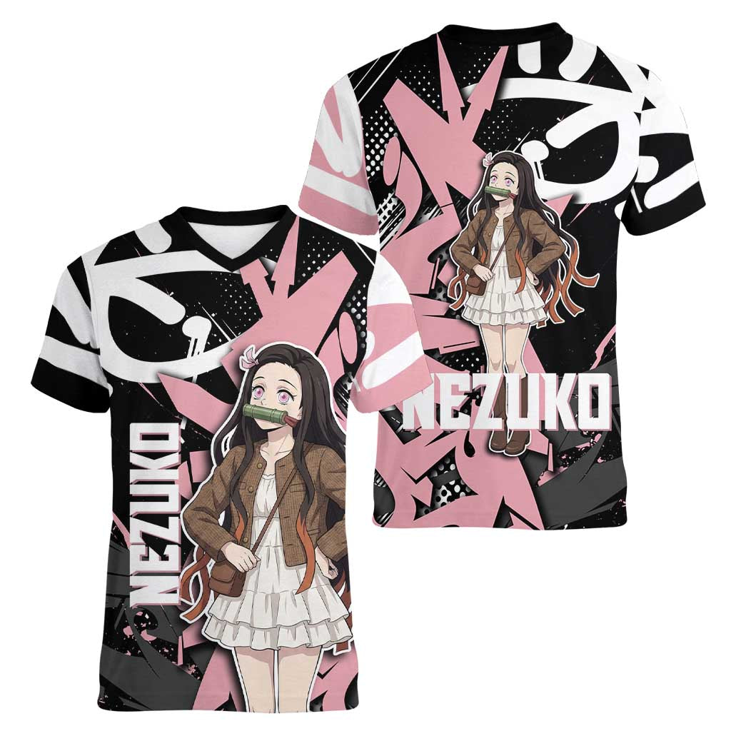 Kamado Nezuko Demon Slayer Women V-Neck T-Shirt Pink & Black Graffiti Anime Graphic