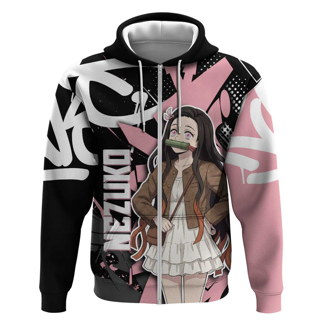 Kamado Nezuko Demon Slayer Zip Hoodie Pink & Black Graffiti Anime Graphic