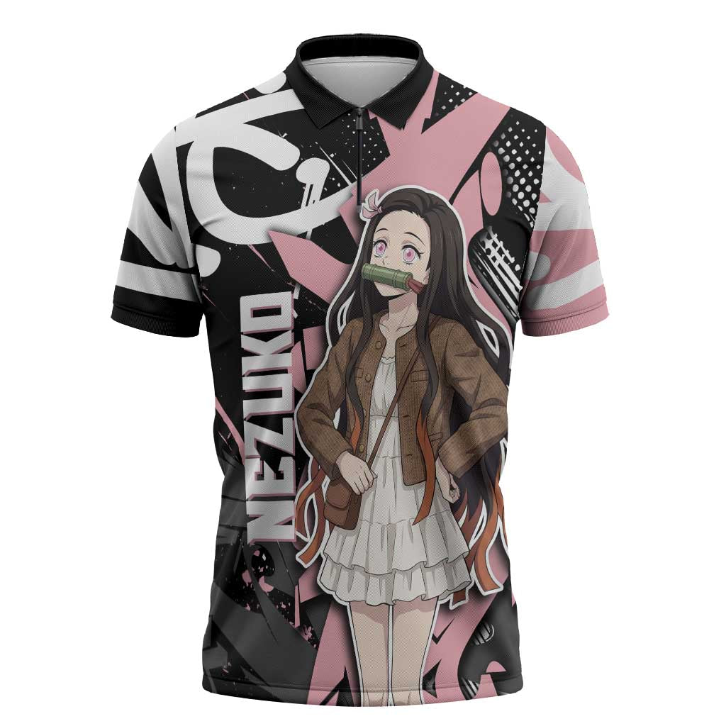 Kamado Nezuko Demon Slayer Zipper Polo Shirt Pink & Black Graffiti Anime Graphic