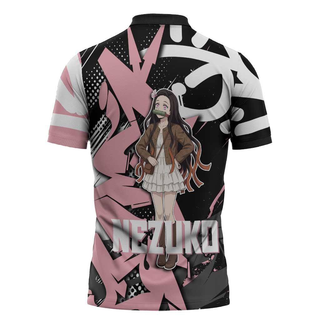 Kamado Nezuko Demon Slayer Zipper Polo Shirt Pink & Black Graffiti Anime Graphic