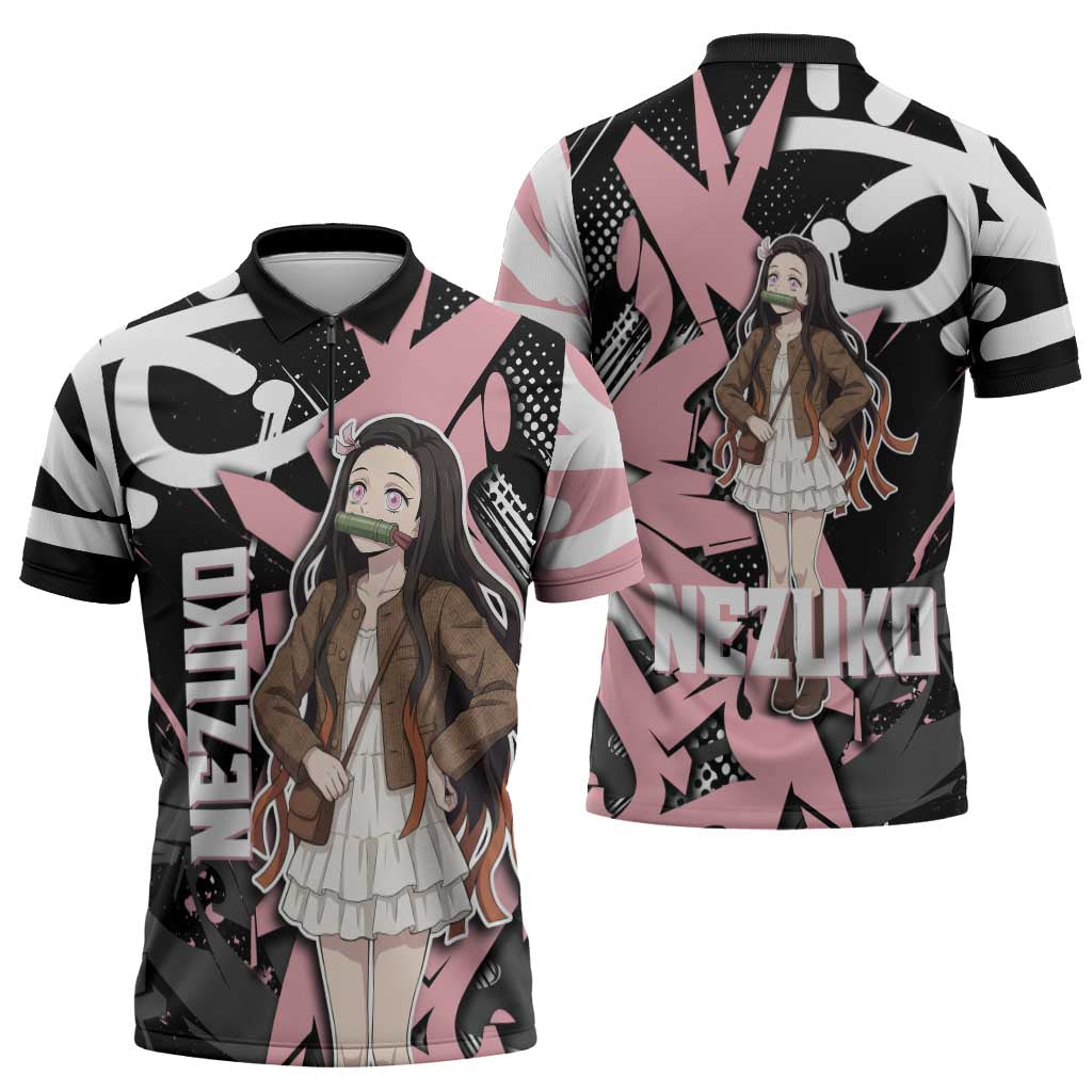 Kamado Nezuko Demon Slayer Zipper Polo Shirt Pink & Black Graffiti Anime Graphic