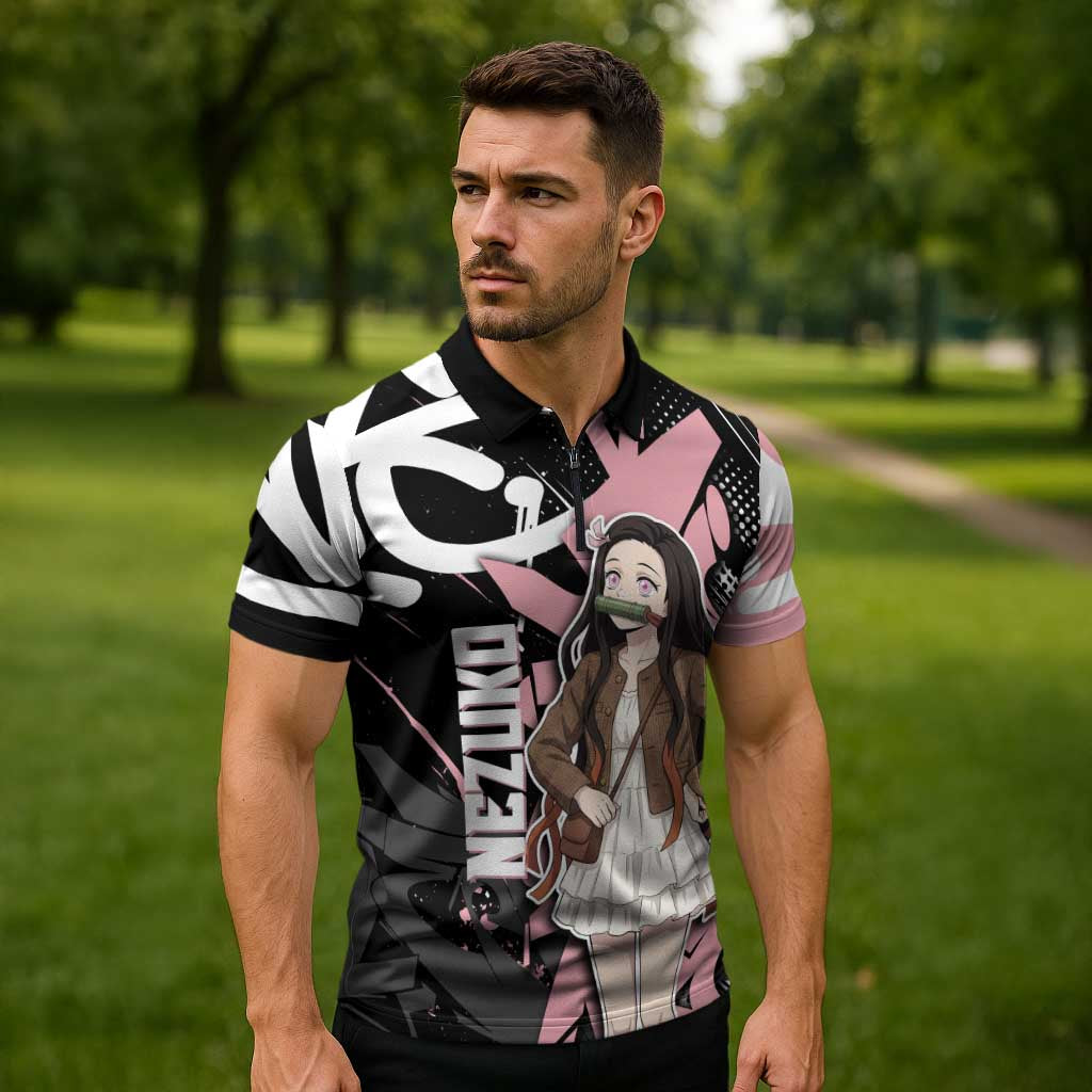 Kamado Nezuko Demon Slayer Zipper Polo Shirt Pink & Black Graffiti Anime Graphic
