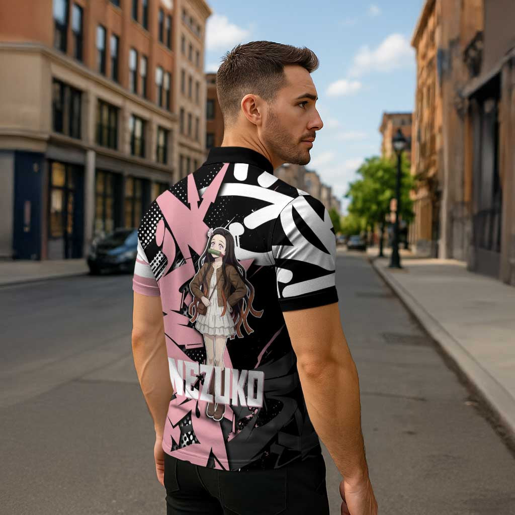 Kamado Nezuko Demon Slayer Zipper Polo Shirt Pink & Black Graffiti Anime Graphic