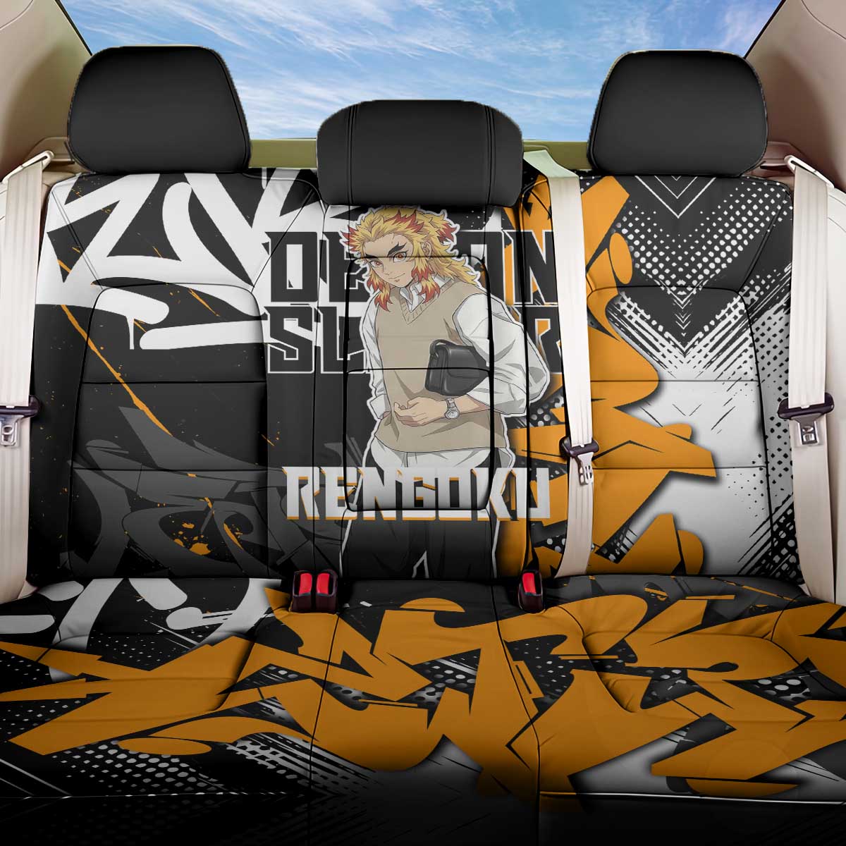 Kyojuro Rengoku Demon Slayer Back Car Seat Cover Orange & Black Graffiti Anime