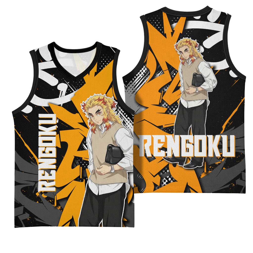Kyojuro Rengoku Demon Slayer Basketball Jersey Orange & Black Graffiti Anime
