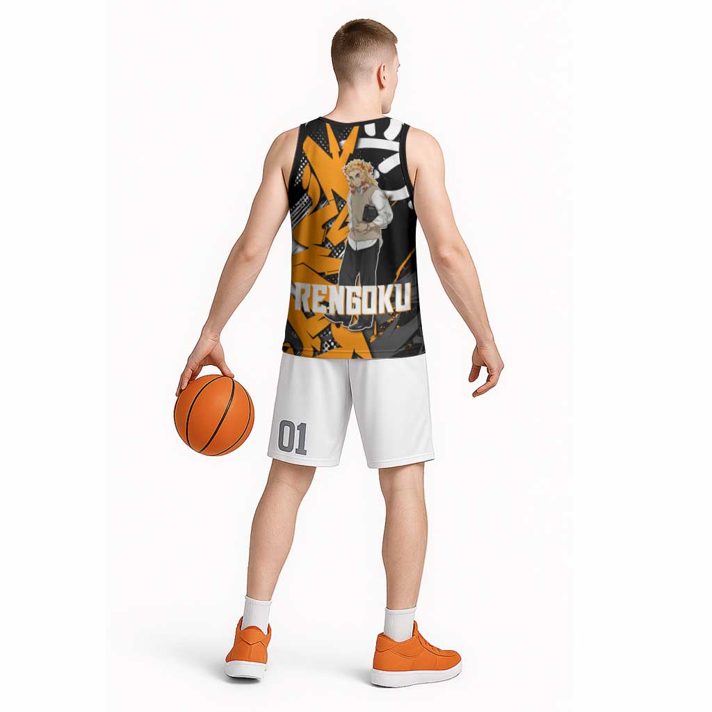 Kyojuro Rengoku Demon Slayer Basketball Jersey Orange & Black Graffiti Anime