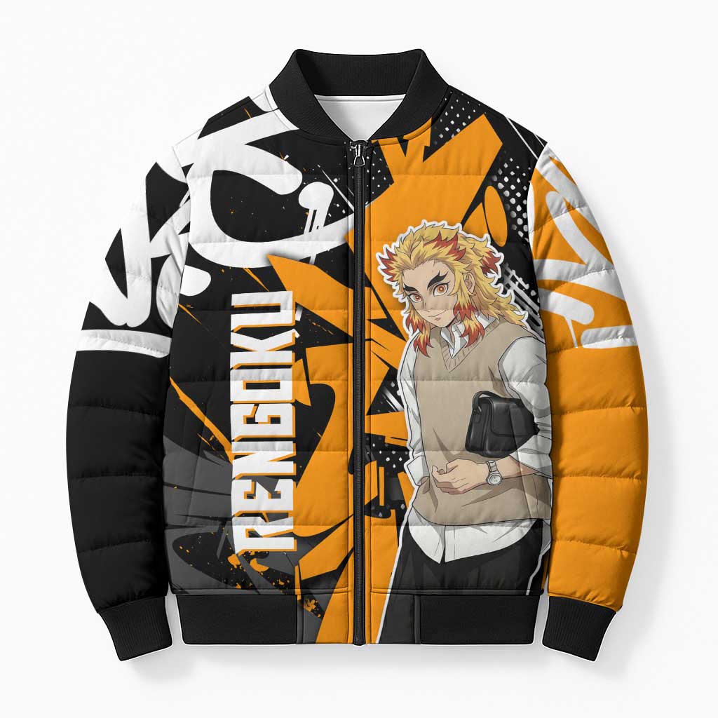 Kyojuro Rengoku Demon Slayer Bomber Puffer Jacket Orange & Black Graffiti Anime