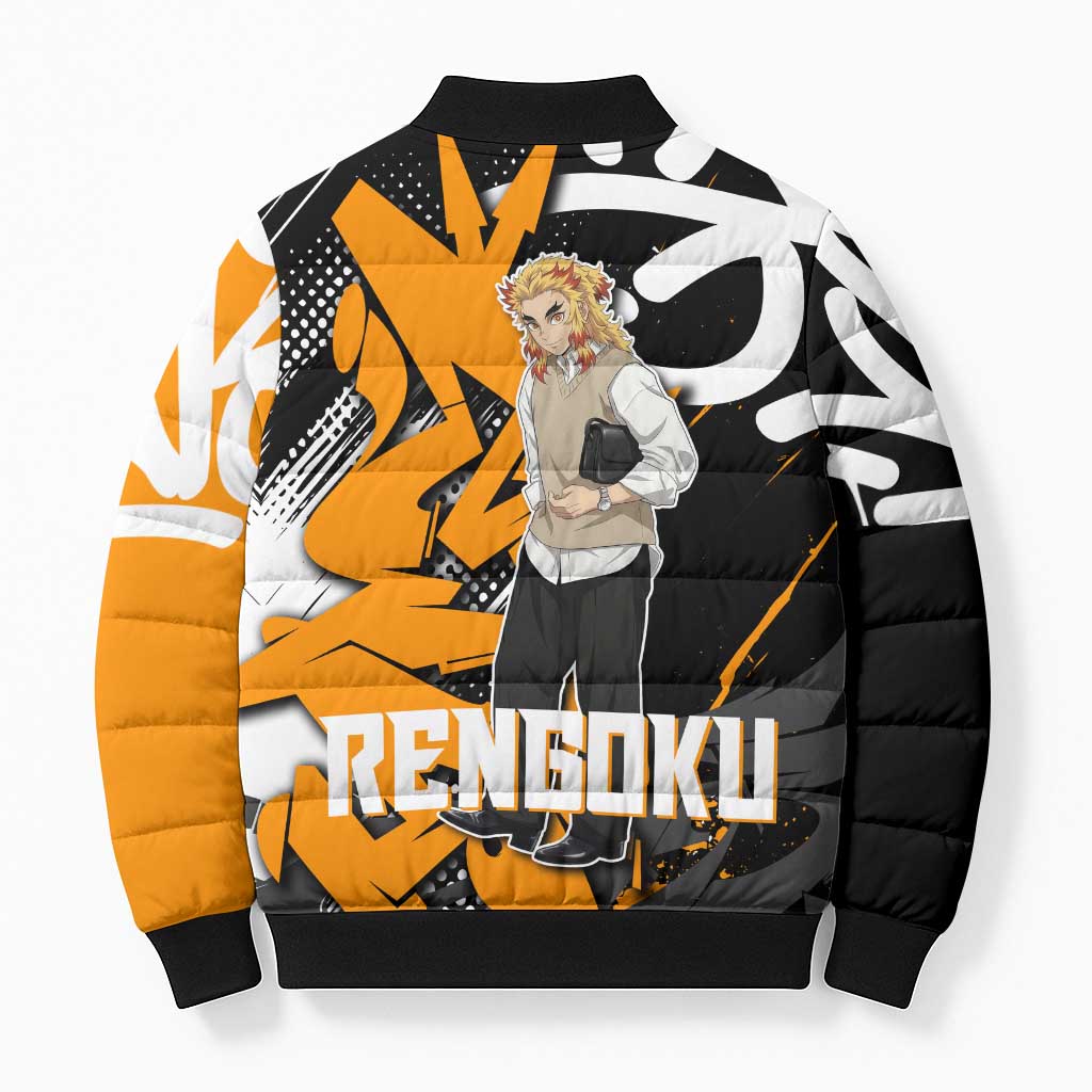 Kyojuro Rengoku Demon Slayer Bomber Puffer Jacket Orange & Black Graffiti Anime