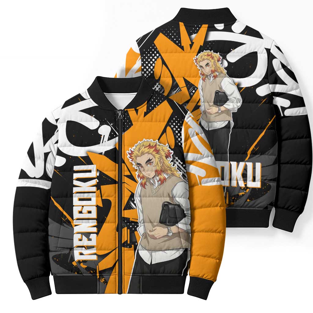 Kyojuro Rengoku Demon Slayer Bomber Puffer Jacket Orange & Black Graffiti Anime